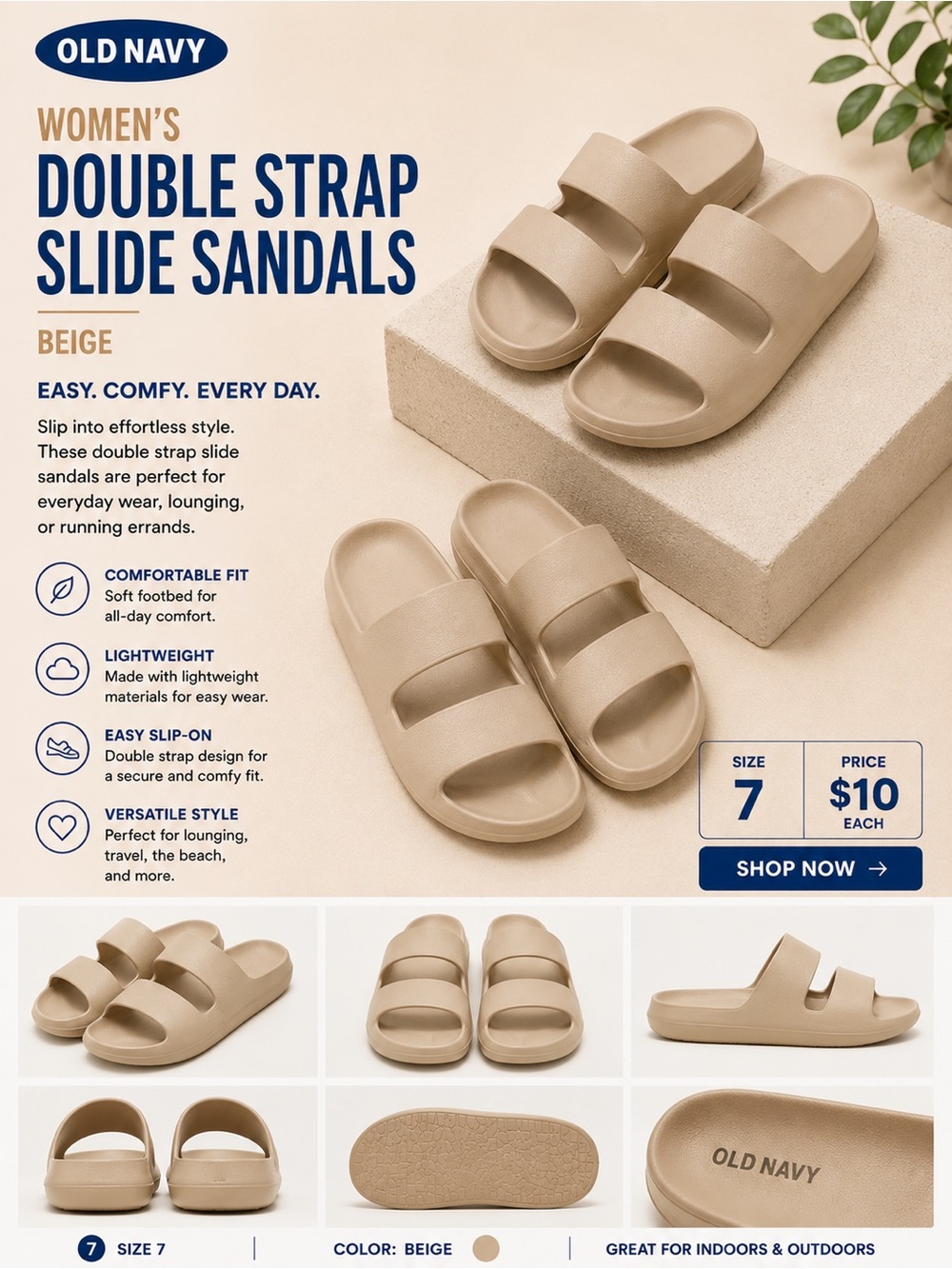 Old Navy Beige Double-Strap Slip-On Sandals
